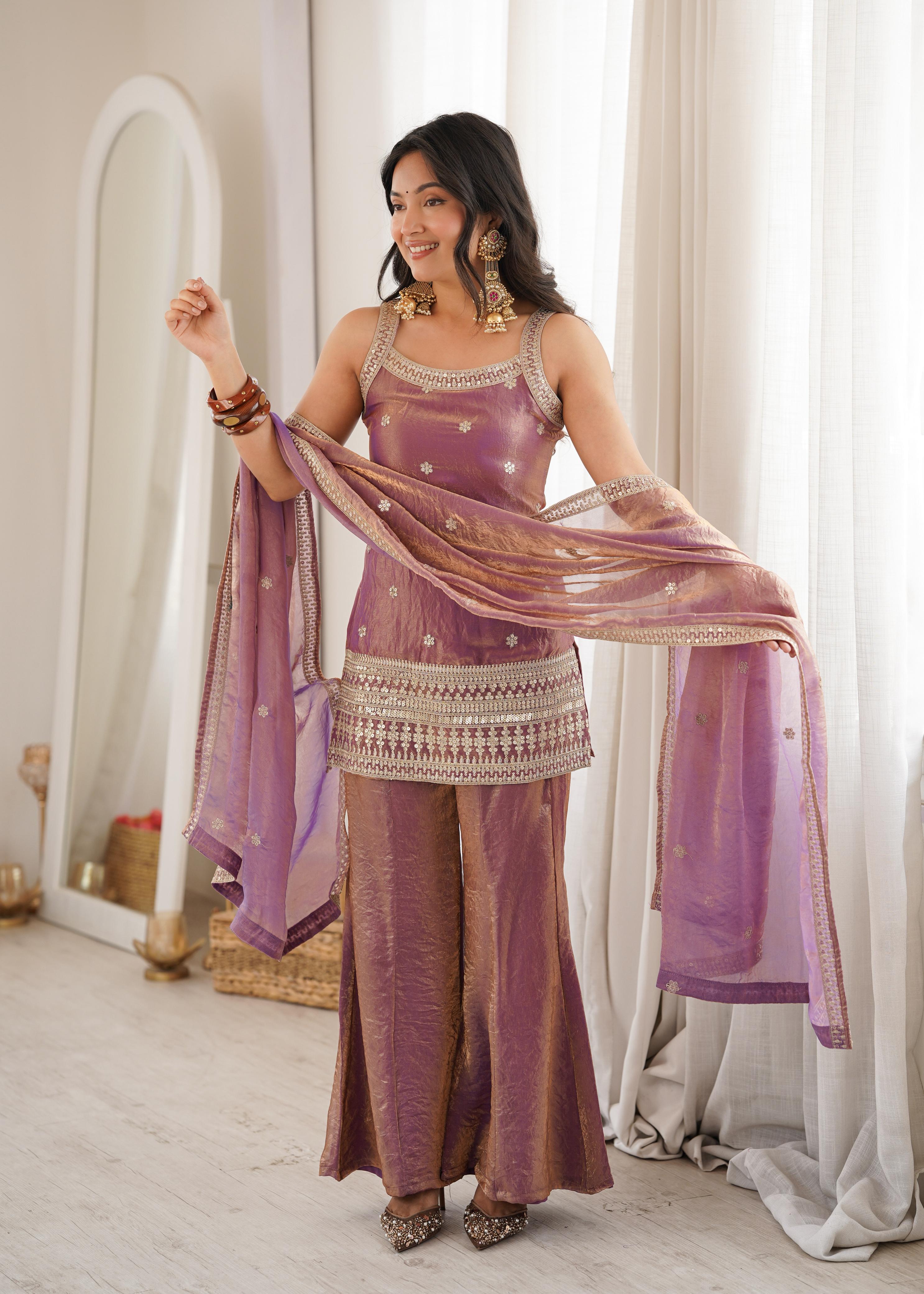Designer Embellished Straight Kurta with Flared Sharara and Dupatta Set.