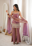 Designer Embellished Straight Kurta with Flared Sharara and Dupatta Set.
