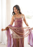 Designer Embellished Straight Kurta with Flared Sharara and Dupatta Set.