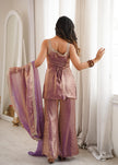 Designer Embellished Straight Kurta with Flared Sharara and Dupatta Set.