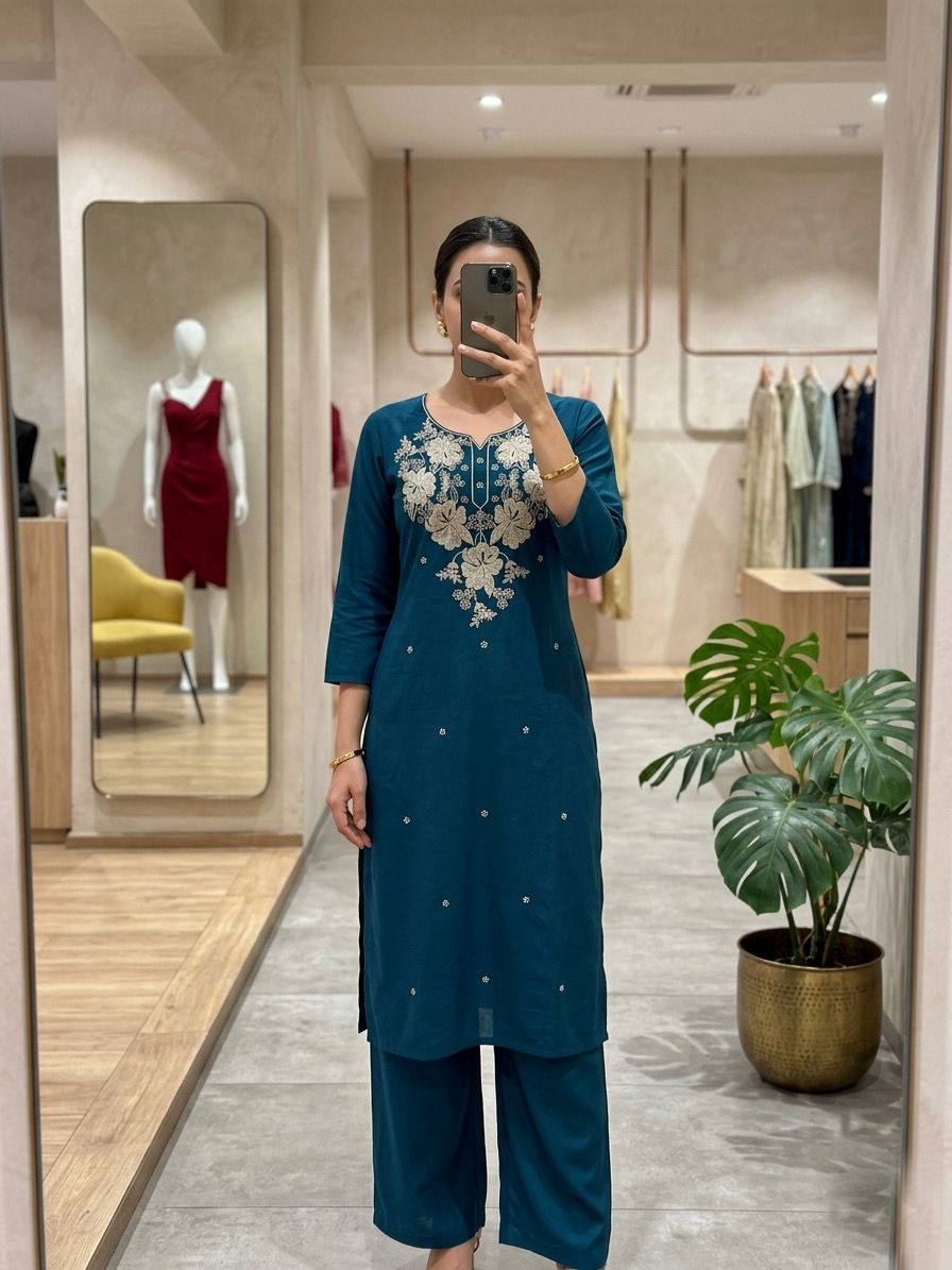 Premium Floral Embroidery Kurta Palazzo Set for Women.