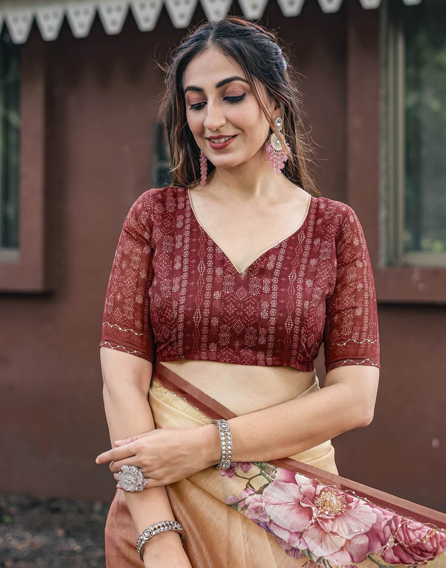 Elegant Beige & Maroon Floral Printed Chanderi Silk Saree with Designer Border