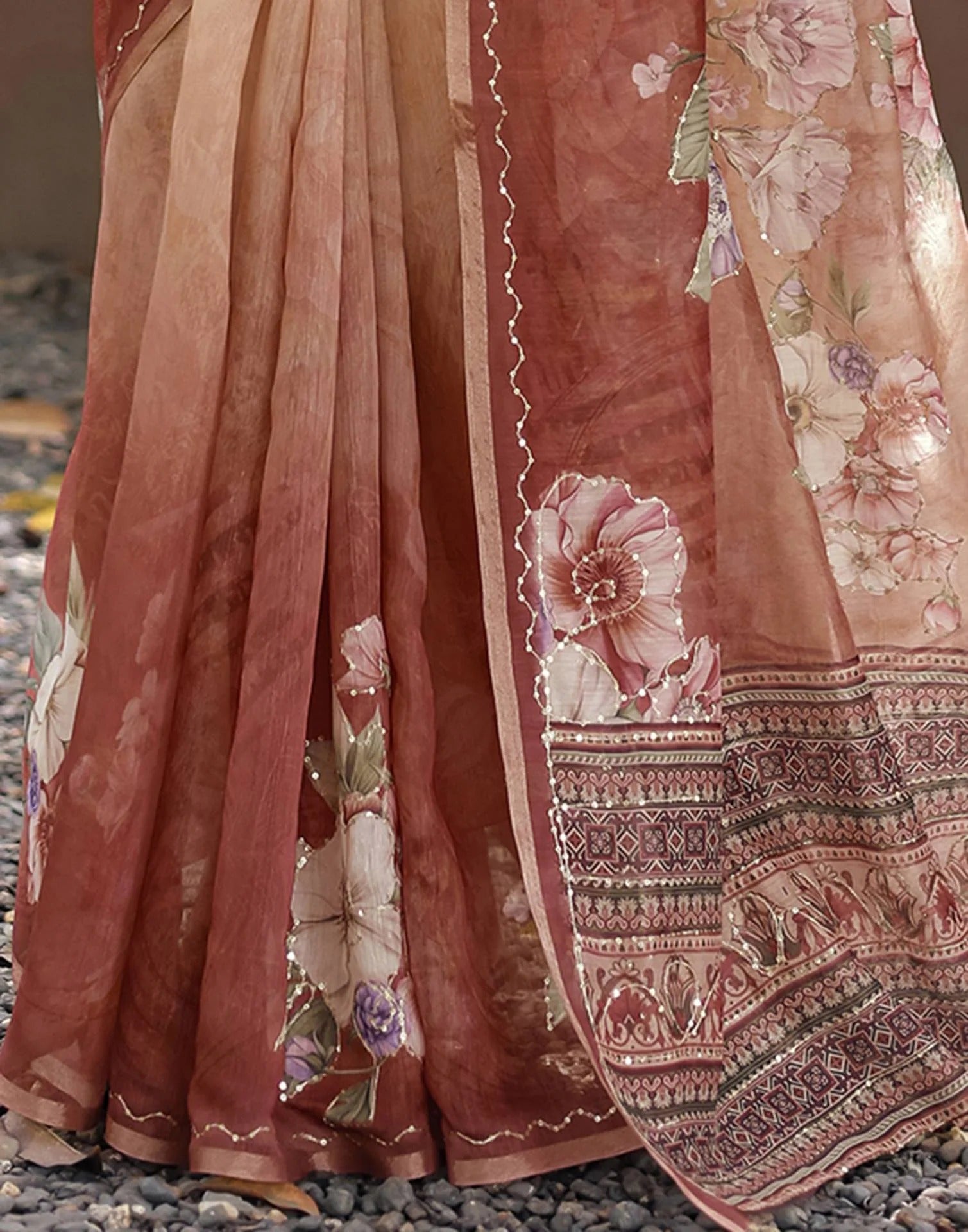 Elegant Beige & Maroon Floral Printed Chanderi Silk Saree with Designer Border