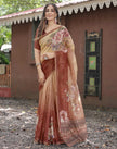 Elegant Beige & Maroon Floral Printed Chanderi Silk Saree with Designer Border