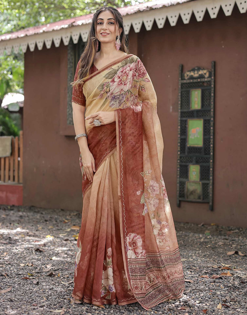 Elegant Beige & Maroon Floral Printed Chanderi Silk Saree with Designer Border