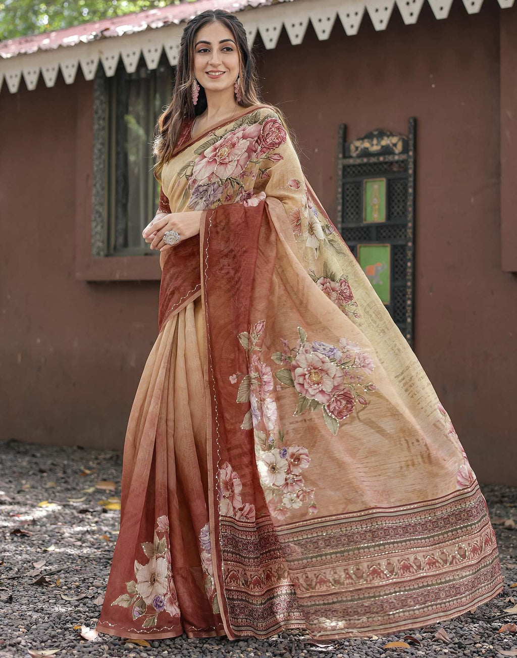 Elegant Beige & Maroon Floral Printed Chanderi Silk Saree with Designer Border