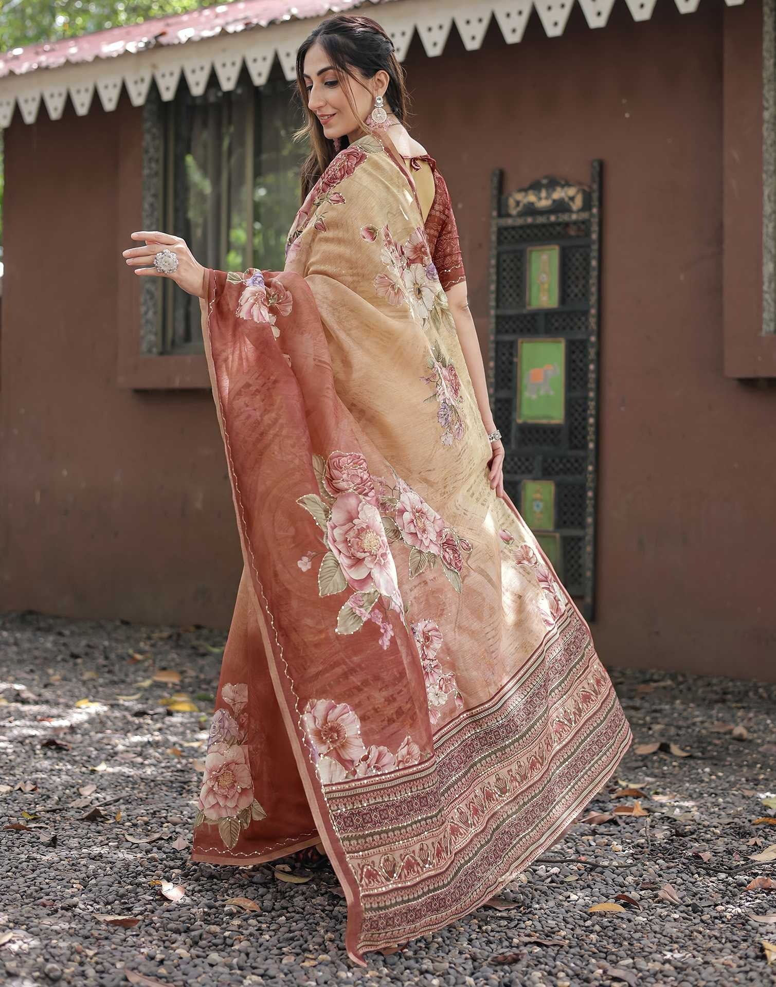 Elegant Beige & Maroon Floral Printed Chanderi Silk Saree with Designer Border