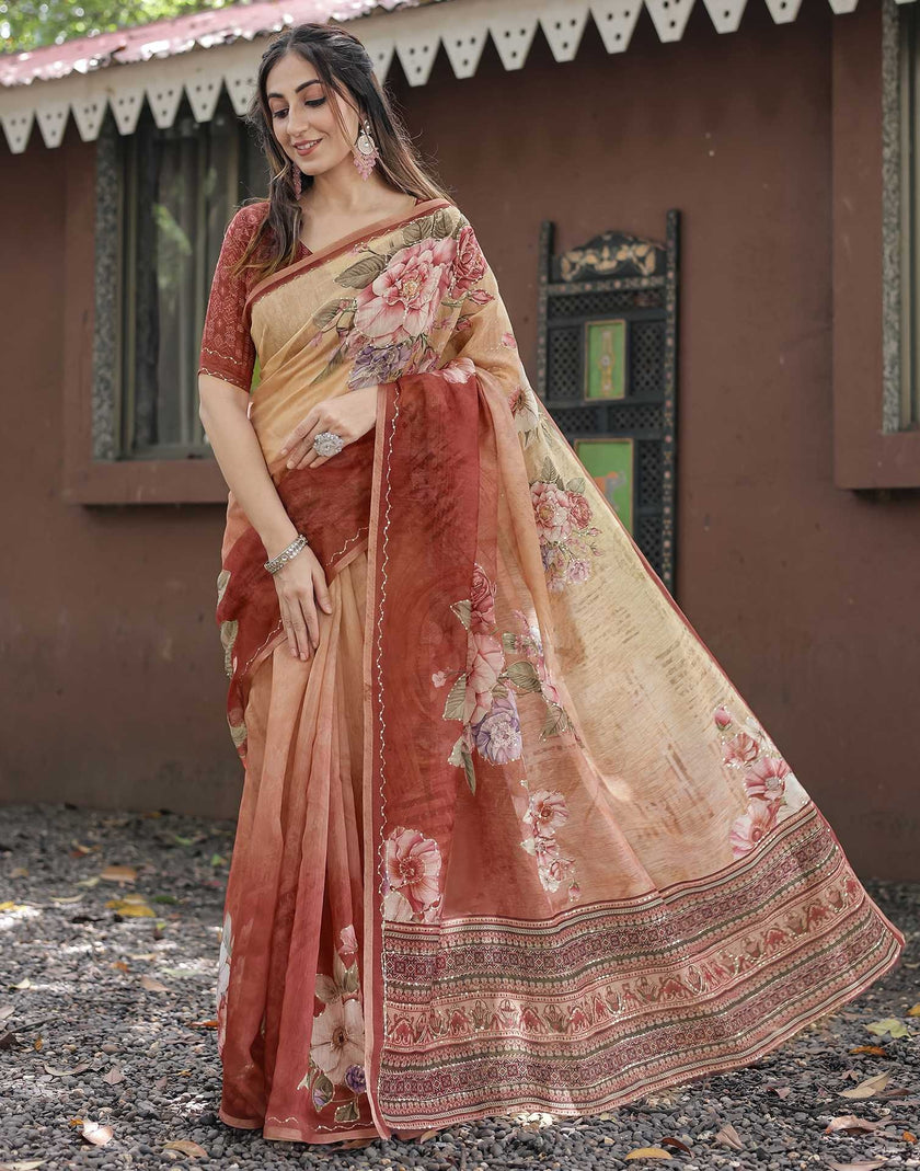 Elegant Beige & Maroon Floral Printed Chanderi Silk Saree with Designer Border