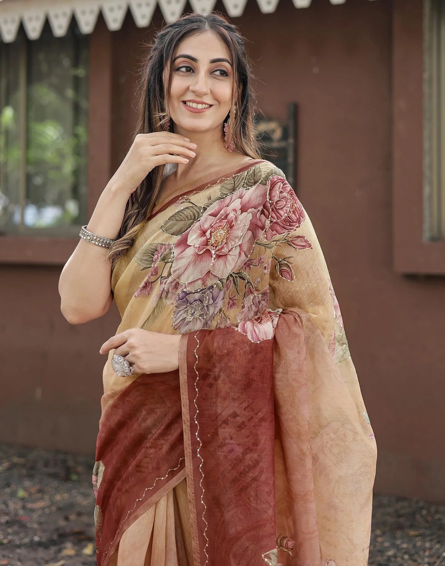 Elegant Beige & Maroon Floral Printed Chanderi Silk Saree with Designer Border