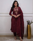 Women’s Navy Blue Floral Embroidered Kurta Set with Dupatta.