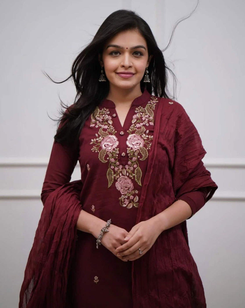 Women’s Navy Blue Floral Embroidered Kurta Set with Dupatta.