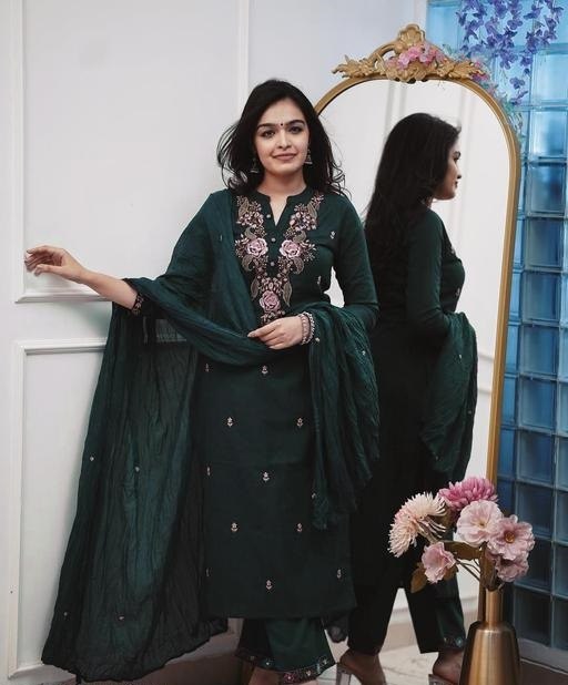Women’s Navy Blue Floral Embroidered Kurta Set with Dupatta.