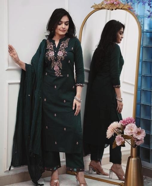 Women’s Navy Blue Floral Embroidered Kurta Set with Dupatta.
