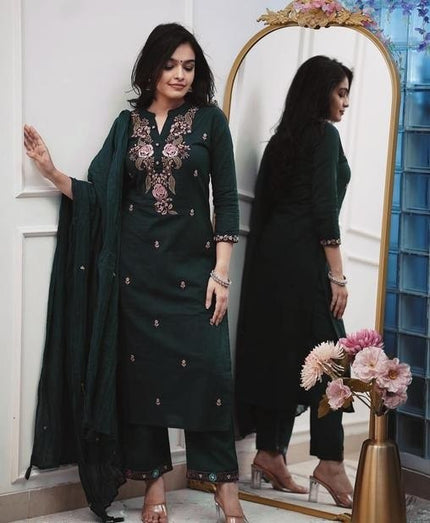 Women’s Navy Blue Floral Embroidered Kurta Set with Dupatta.