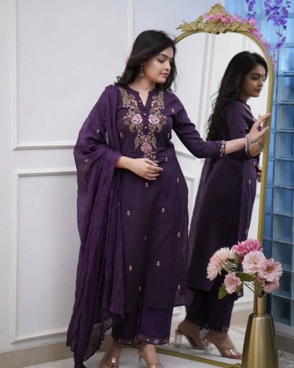 Women’s Navy Blue Floral Embroidered Kurta Set with Dupatta.