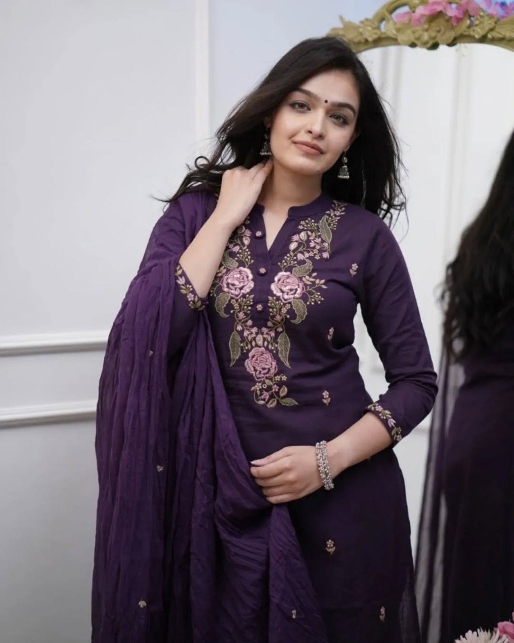 Women’s Navy Blue Floral Embroidered Kurta Set with Dupatta.