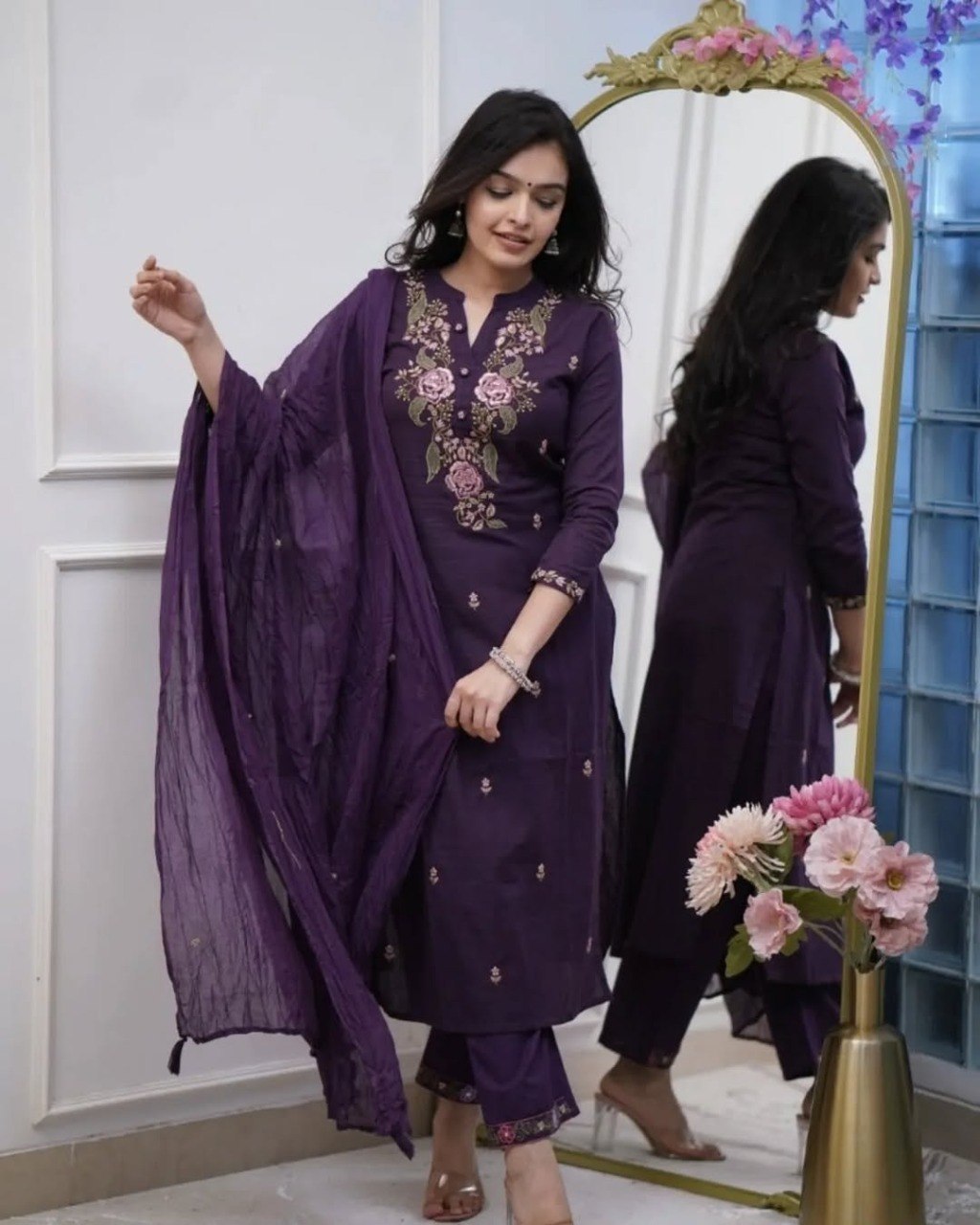 Women’s Navy Blue Floral Embroidered Kurta Set with Dupatta.