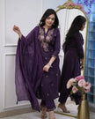 Women’s Navy Blue Floral Embroidered Kurta Set with Dupatta.