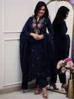 Women’s Navy Blue Floral Embroidered Kurta Set with Dupatta.