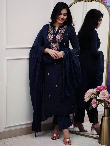 Women’s Navy Blue Floral Embroidered Kurta Set with Dupatta.