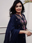 Women’s Navy Blue Floral Embroidered Kurta Set with Dupatta.