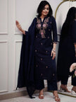 Women’s Navy Blue Floral Embroidered Kurta Set with Dupatta.