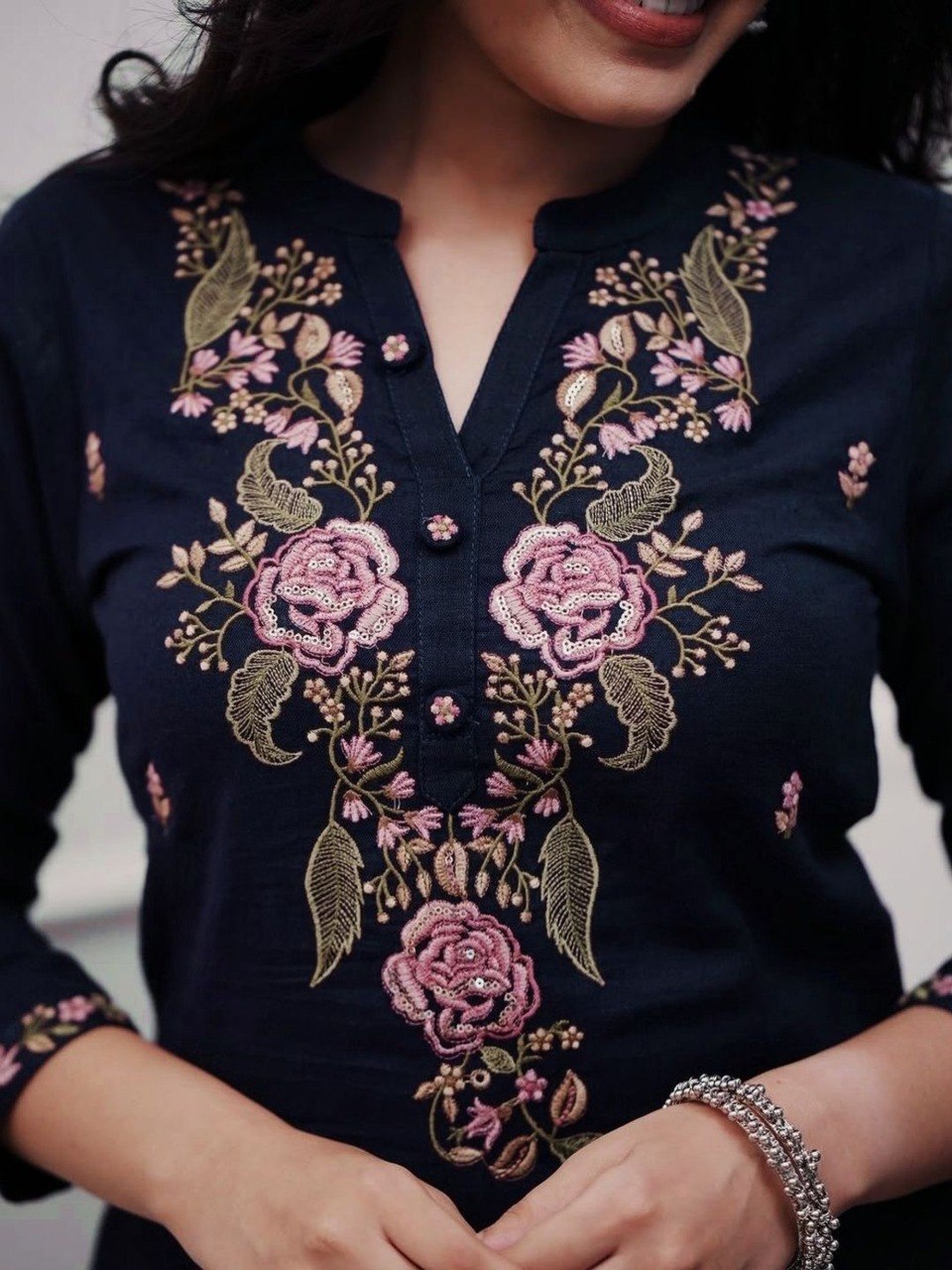 Women’s Navy Blue Floral Embroidered Kurta Set with Dupatta.
