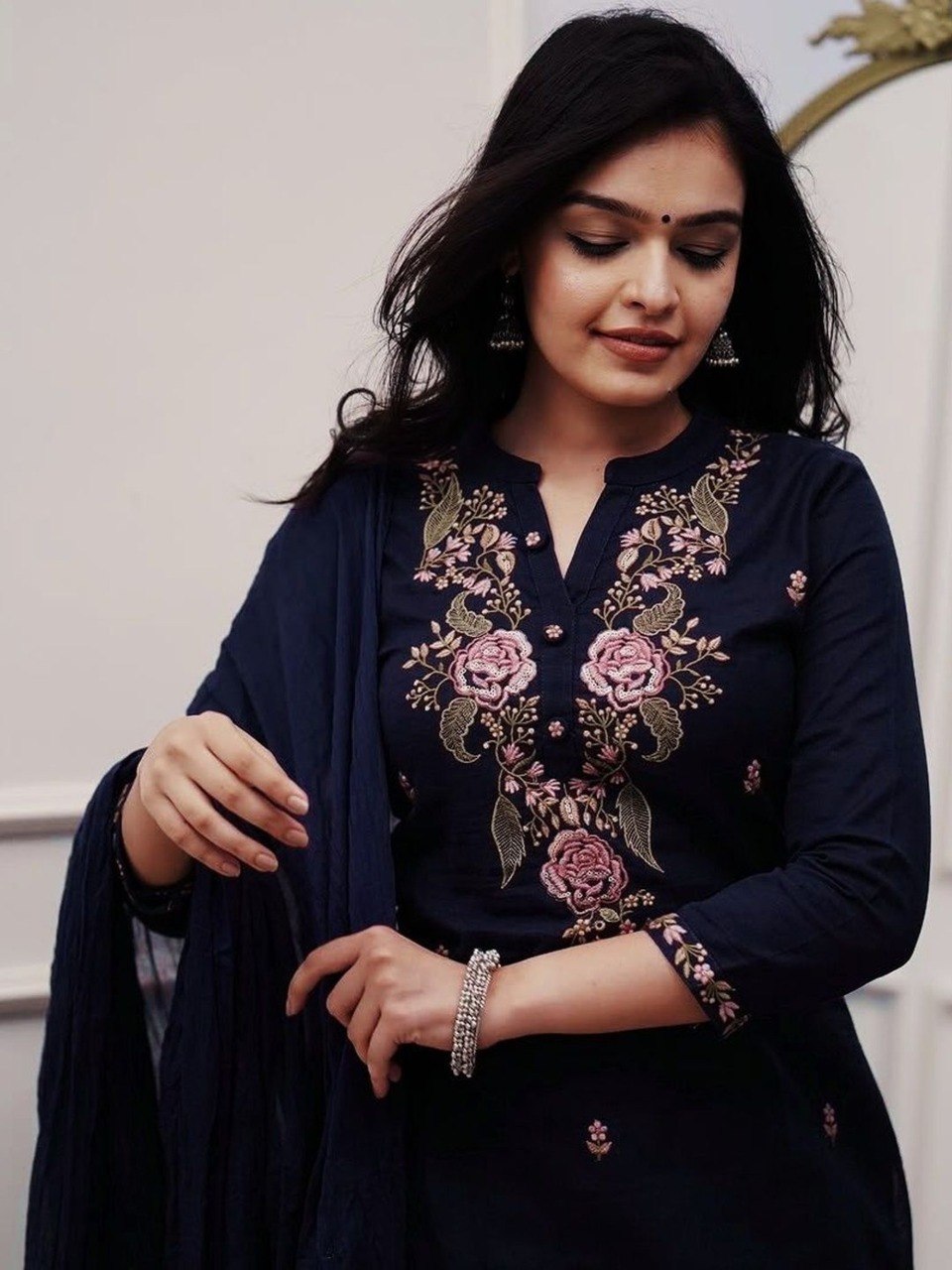 Women’s Navy Blue Floral Embroidered Kurta Set with Dupatta.