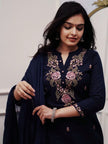 Women’s Navy Blue Floral Embroidered Kurta Set with Dupatta.