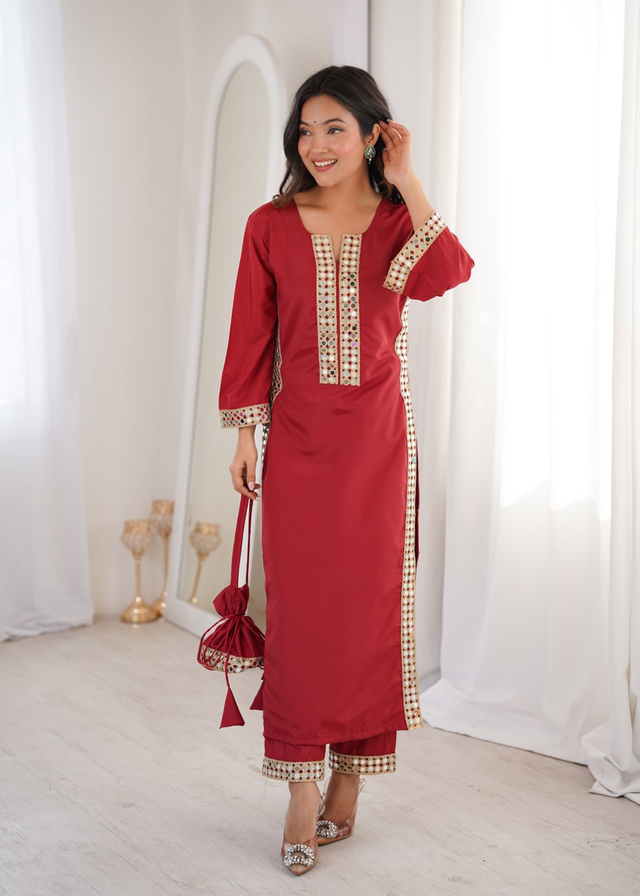 Elegant Mirror Lace Kurta Pant Set With Potli Bag.