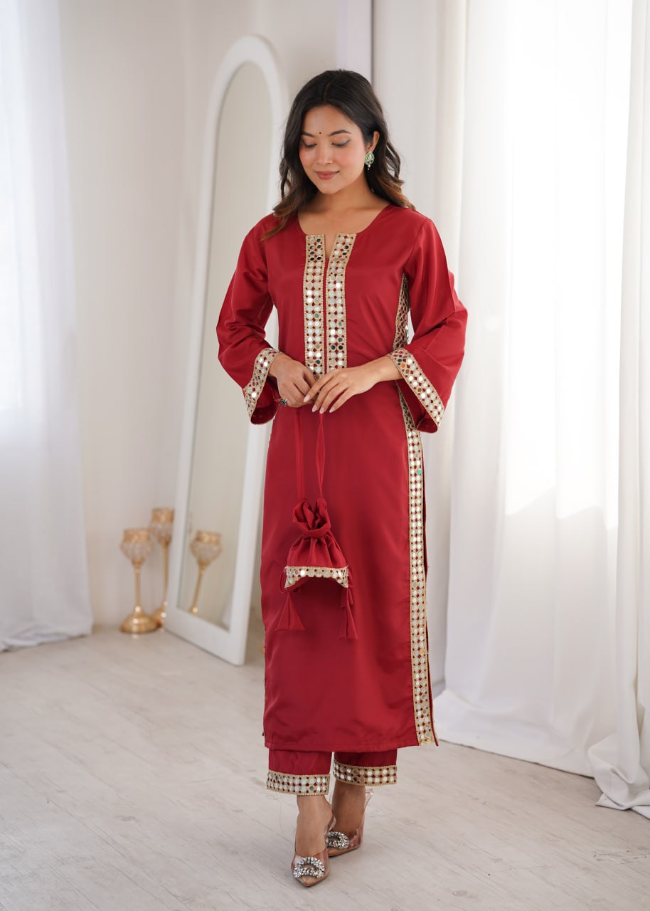 Elegant Mirror Lace Kurta Pant Set With Potli Bag.