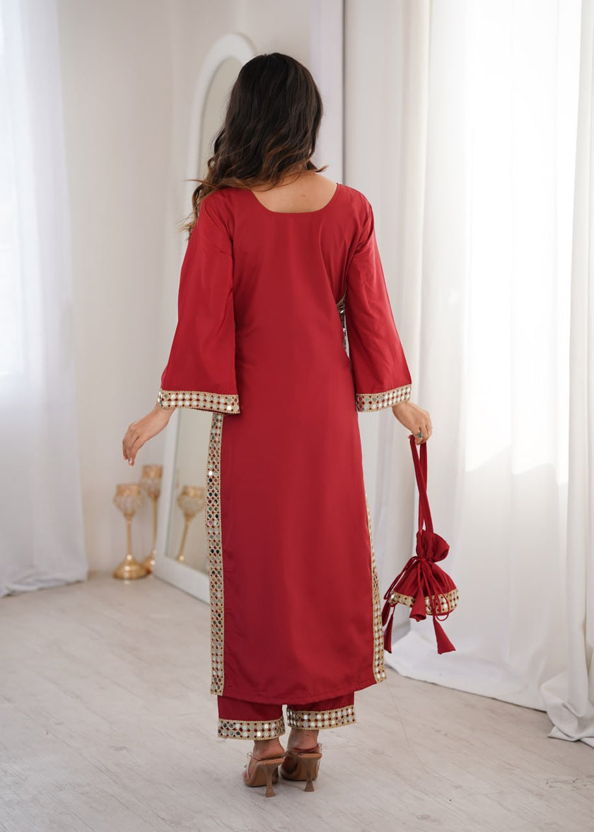 Elegant Mirror Lace Kurta Pant Set With Potli Bag.