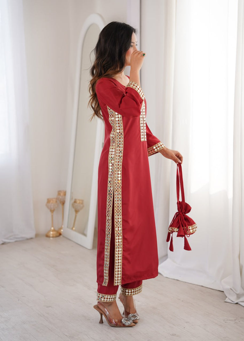 Elegant Mirror Lace Kurta Pant Set With Potli Bag.