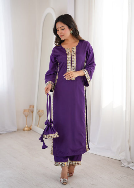 Elegant Mirror Lace Kurta Pant Set With Potli Bag.