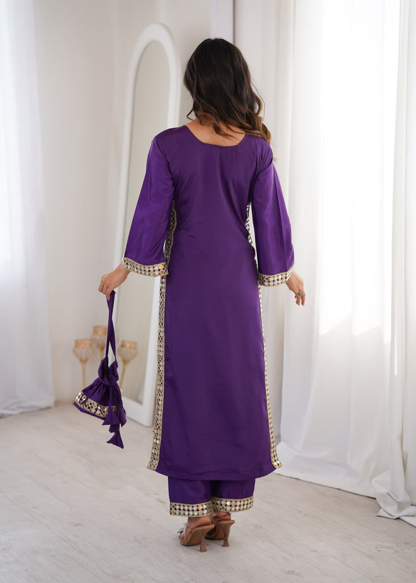 Elegant Mirror Lace Kurta Pant Set With Potli Bag.