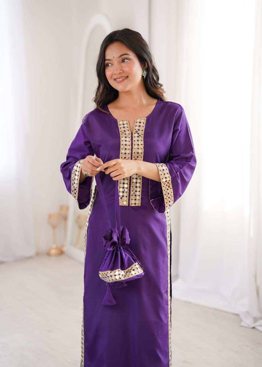 Elegant Mirror Lace Kurta Pant Set With Potli Bag.