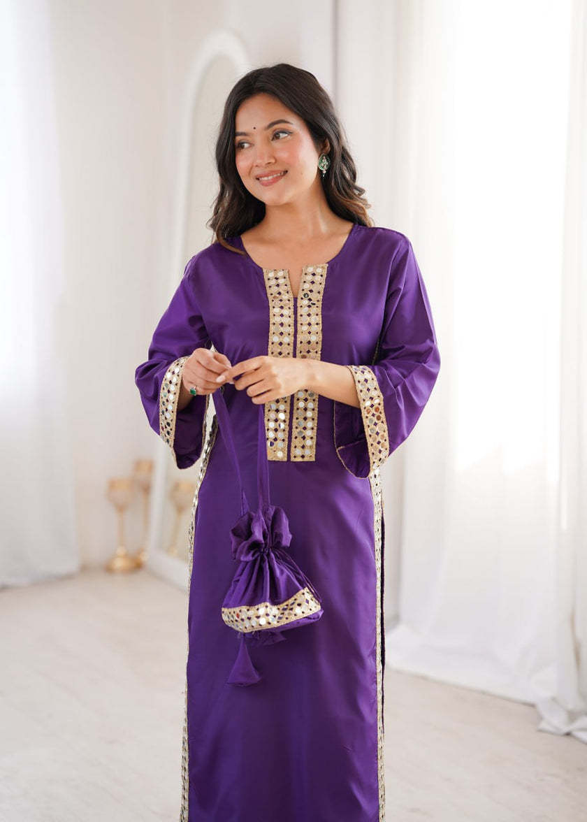 Elegant Mirror Lace Kurta Pant Set With Potli Bag.