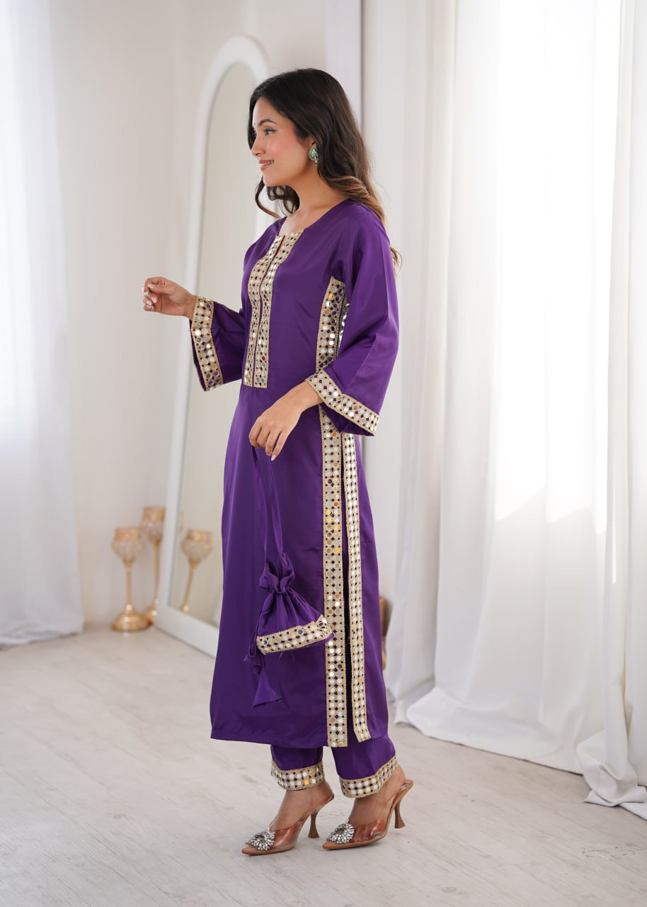 Elegant Mirror Lace Kurta Pant Set With Potli Bag.