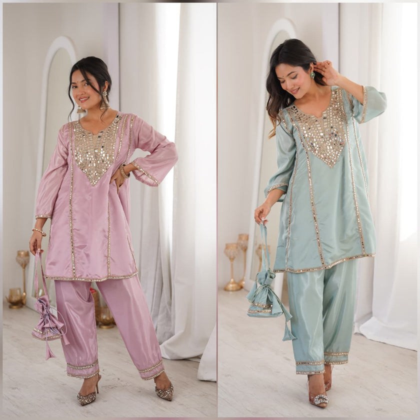 Elegant Mirror Embroidered Kurta Pant Co-Ord Set.