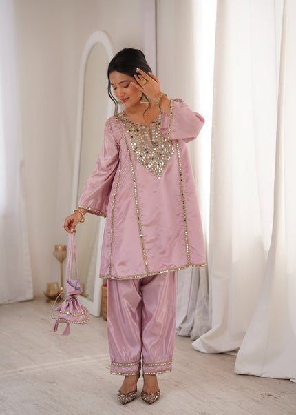 Elegant Mirror Embroidered Kurta Pant Co-Ord Set.