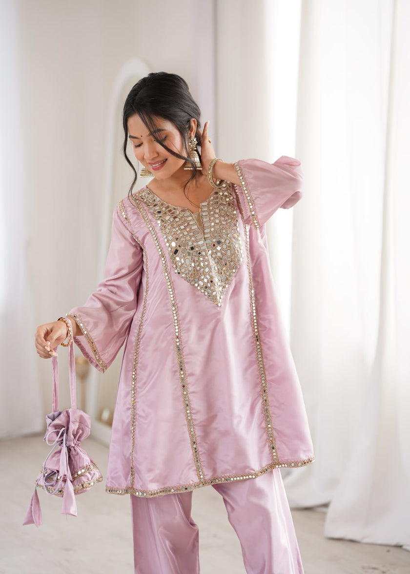 Elegant Mirror Embroidered Kurta Pant Co-Ord Set.