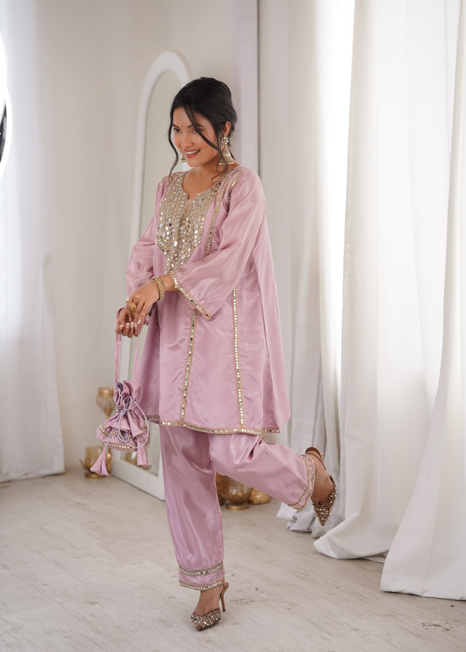 Elegant Mirror Embroidered Kurta Pant Co-Ord Set.