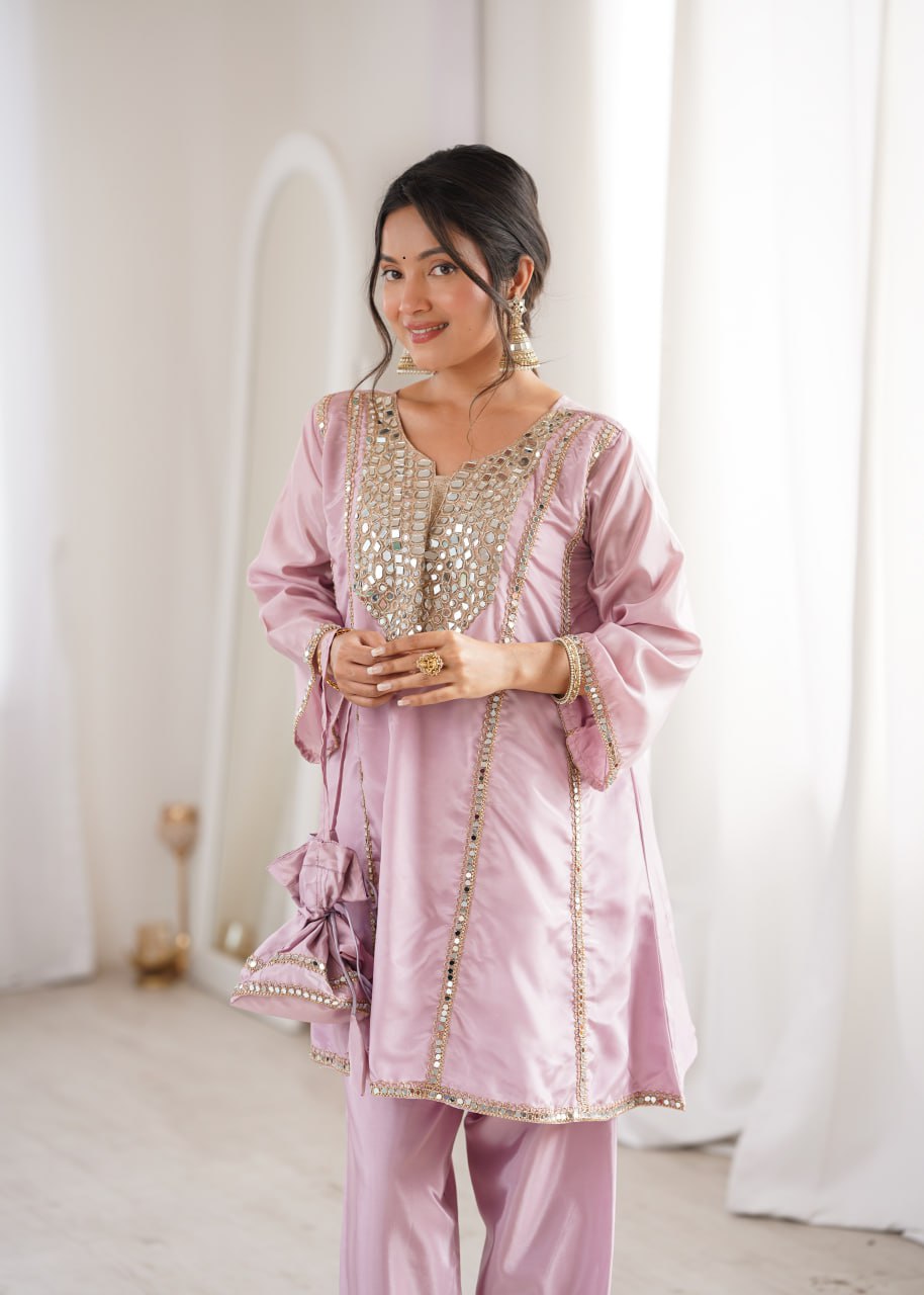 Elegant Mirror Embroidered Kurta Pant Co-Ord Set.