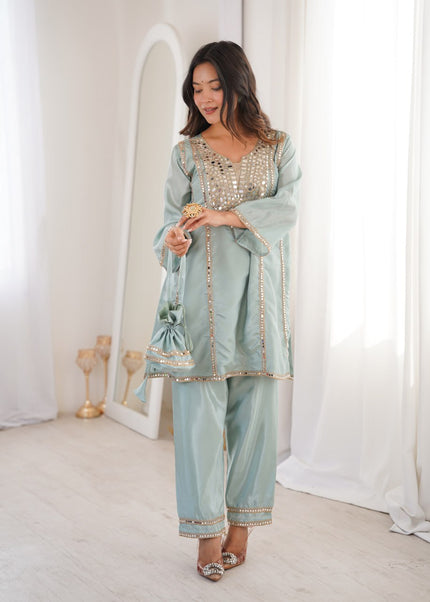 Elegant Mirror Embroidered Kurta Pant Co-Ord Set.