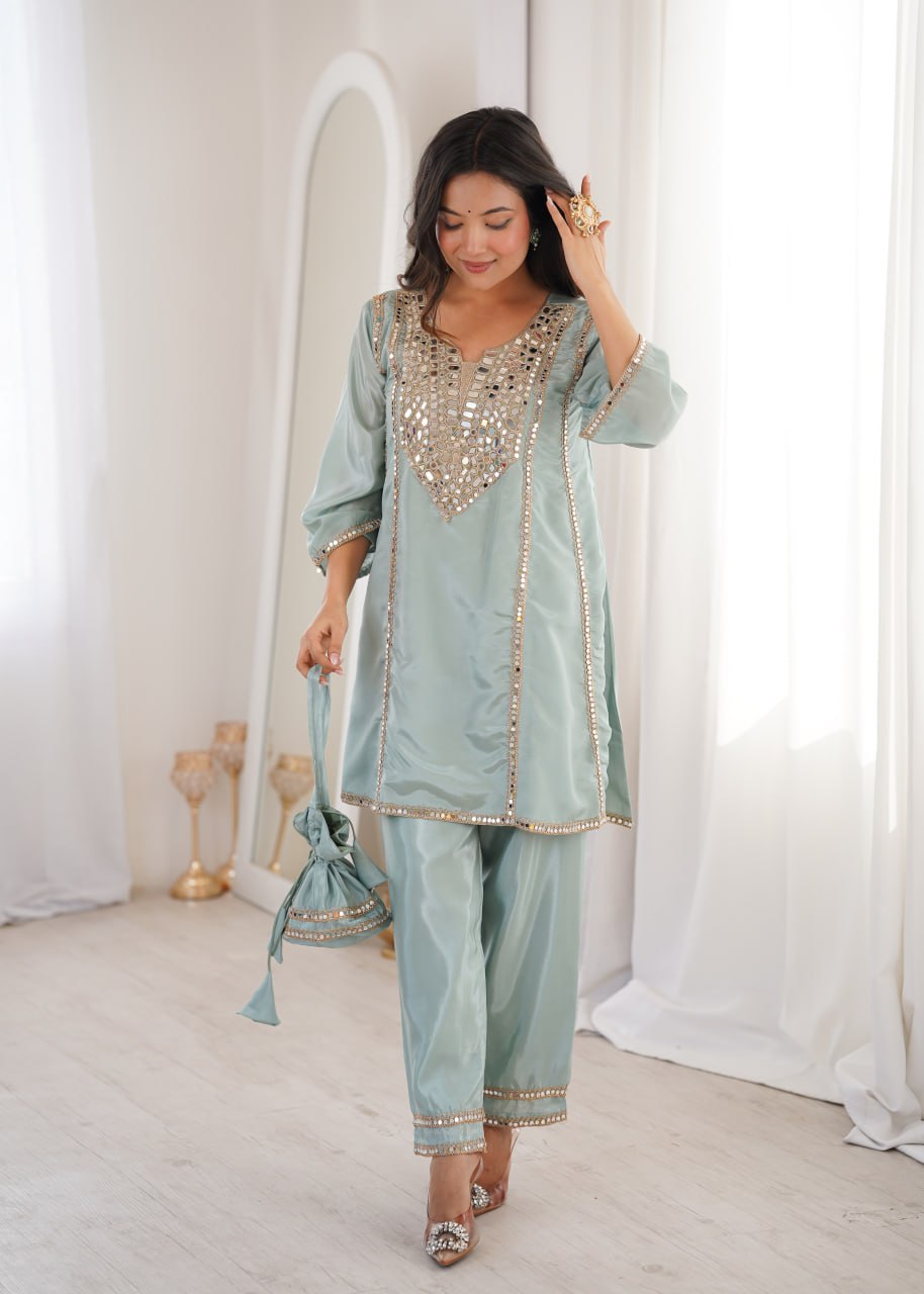 Elegant Mirror Embroidered Kurta Pant Co-Ord Set.