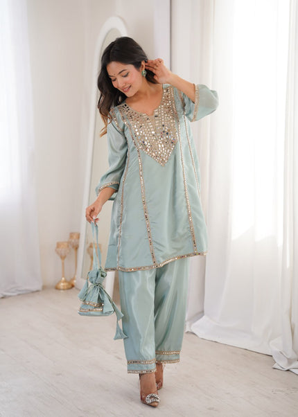 Elegant Mirror Embroidered Kurta Pant Co-Ord Set.