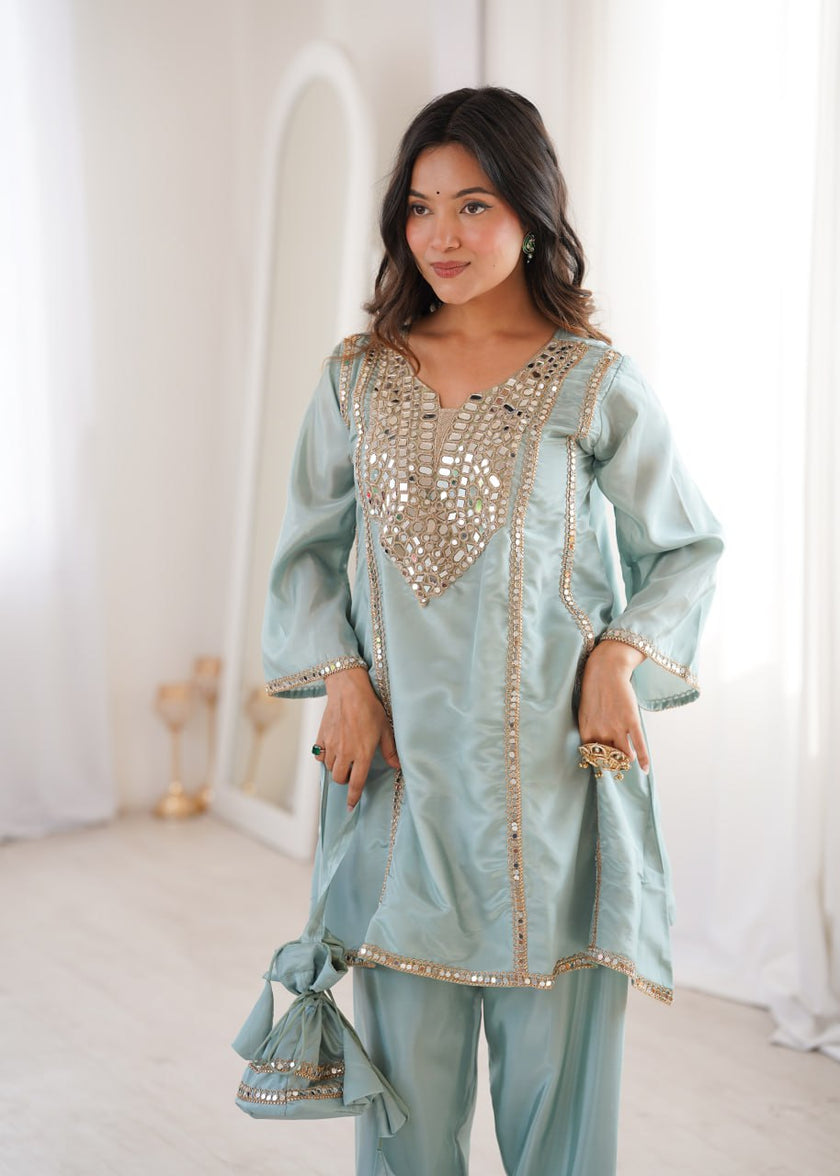 Elegant Mirror Embroidered Kurta Pant Co-Ord Set.