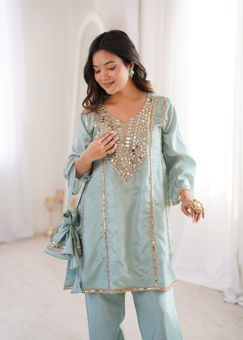 Elegant Mirror Embroidered Kurta Pant Co-Ord Set.