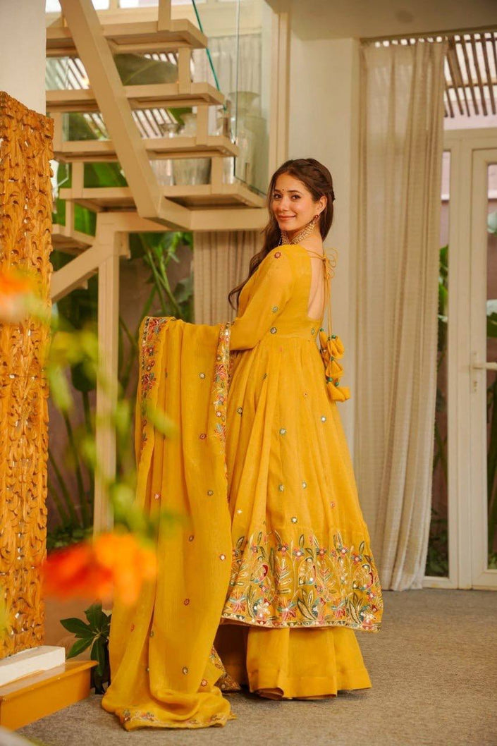 Mustard Yellow Floral Embroidered Anarkali Kurta Set With Dupatta.