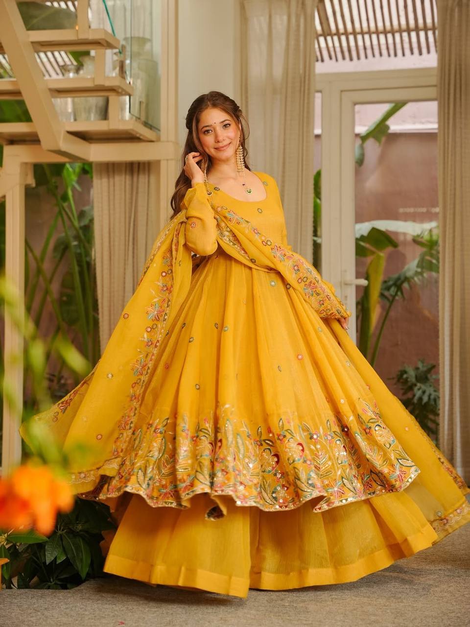 Mustard Yellow Floral Embroidered Anarkali Kurta Set With Dupatta.